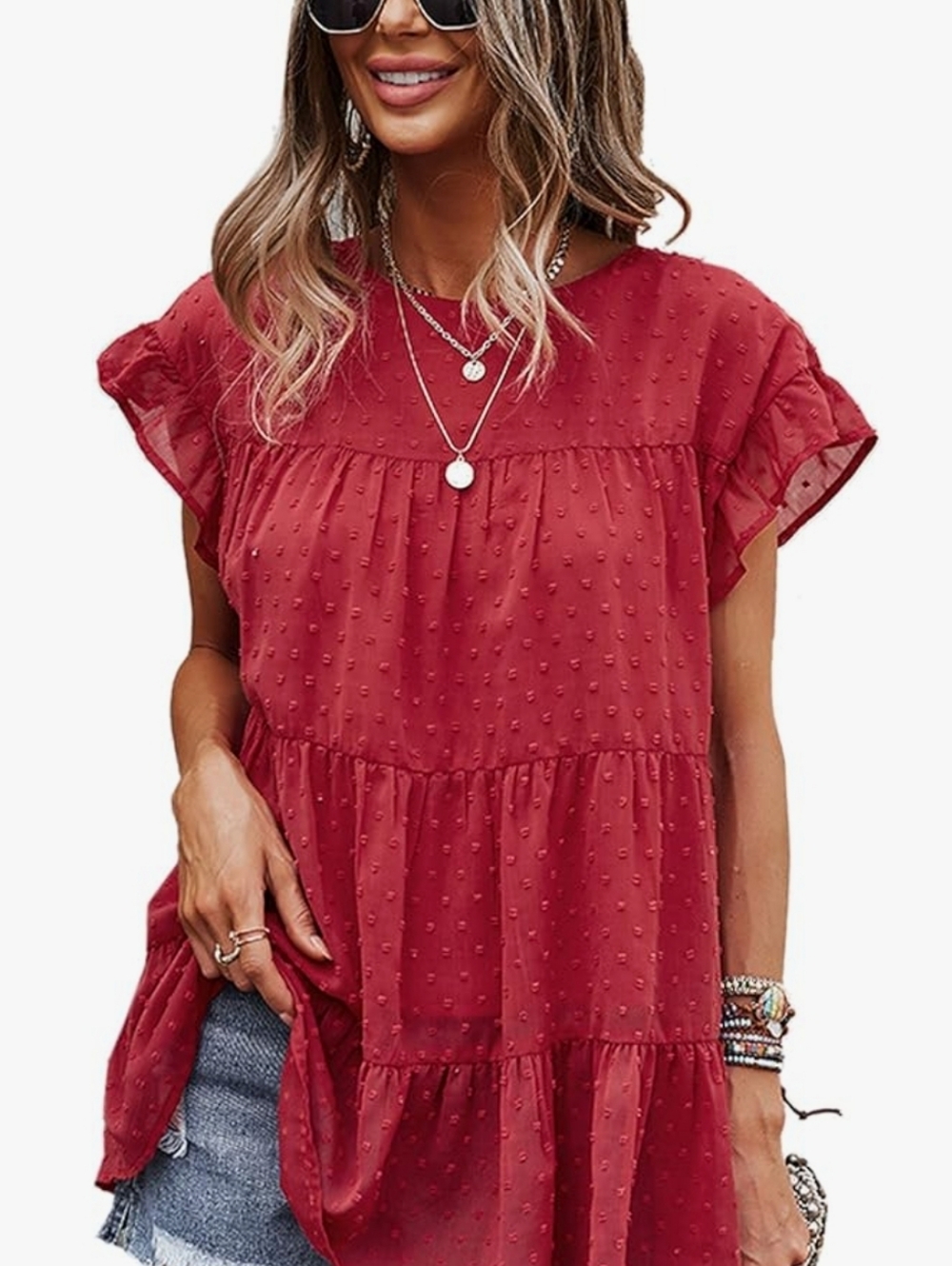 Red Swiss Dot Tiered Ruffle Tunic Top